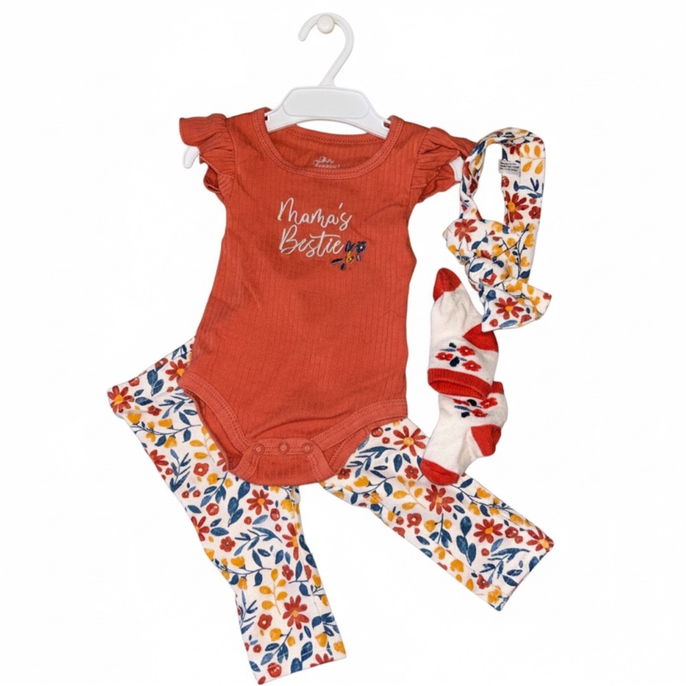 Orange Baby Bodysuit with Floral Pants and Headband Set